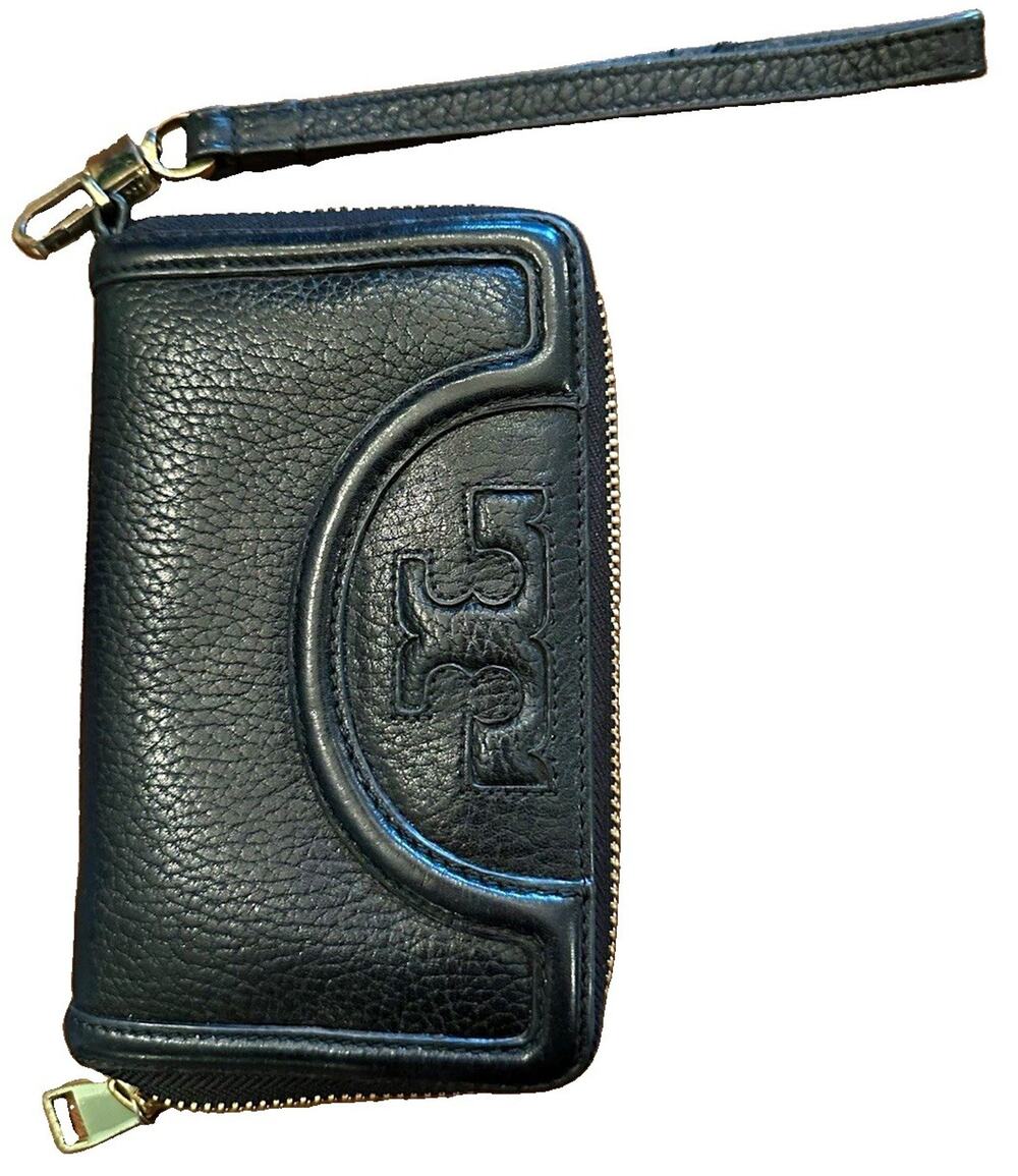 Tory Burch Black Pebbled Leather Embossed Logo Zip Around Wristlet Card Wallet